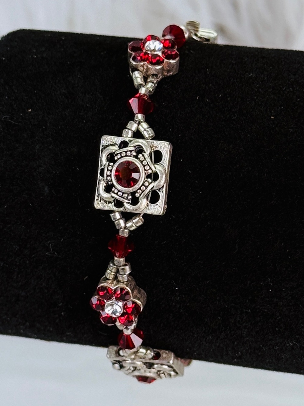 Vintage aged Silvertone red accent bracelet